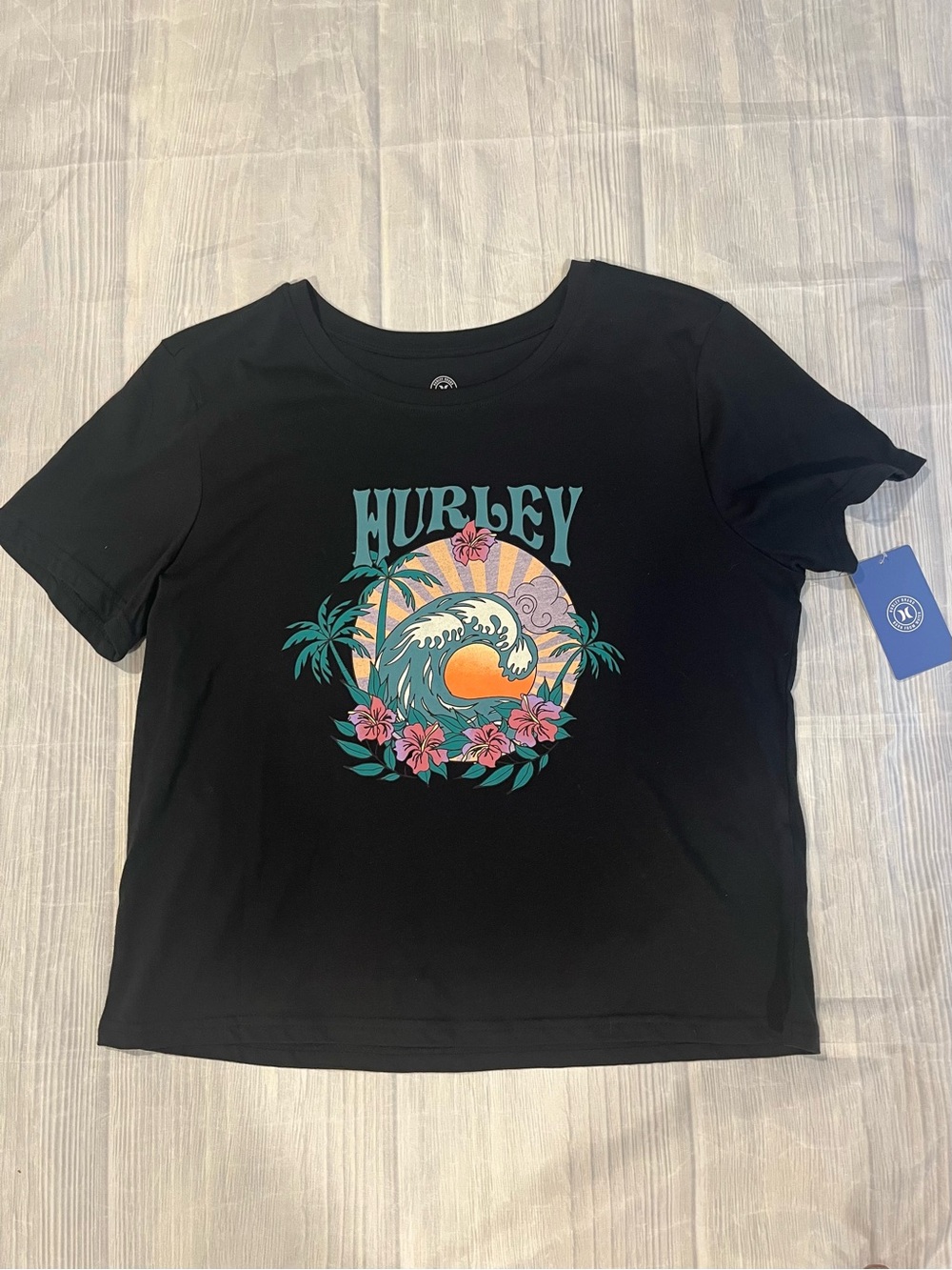 Hurley Black Graphic Tee with Tropical Wave Sz L